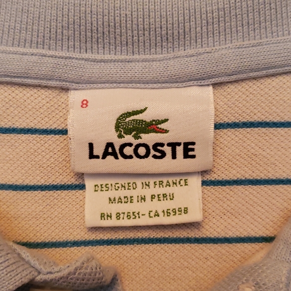 Lacoste Size 8 White/Blue/Brown Polo Shirt - Picture 3 of 4